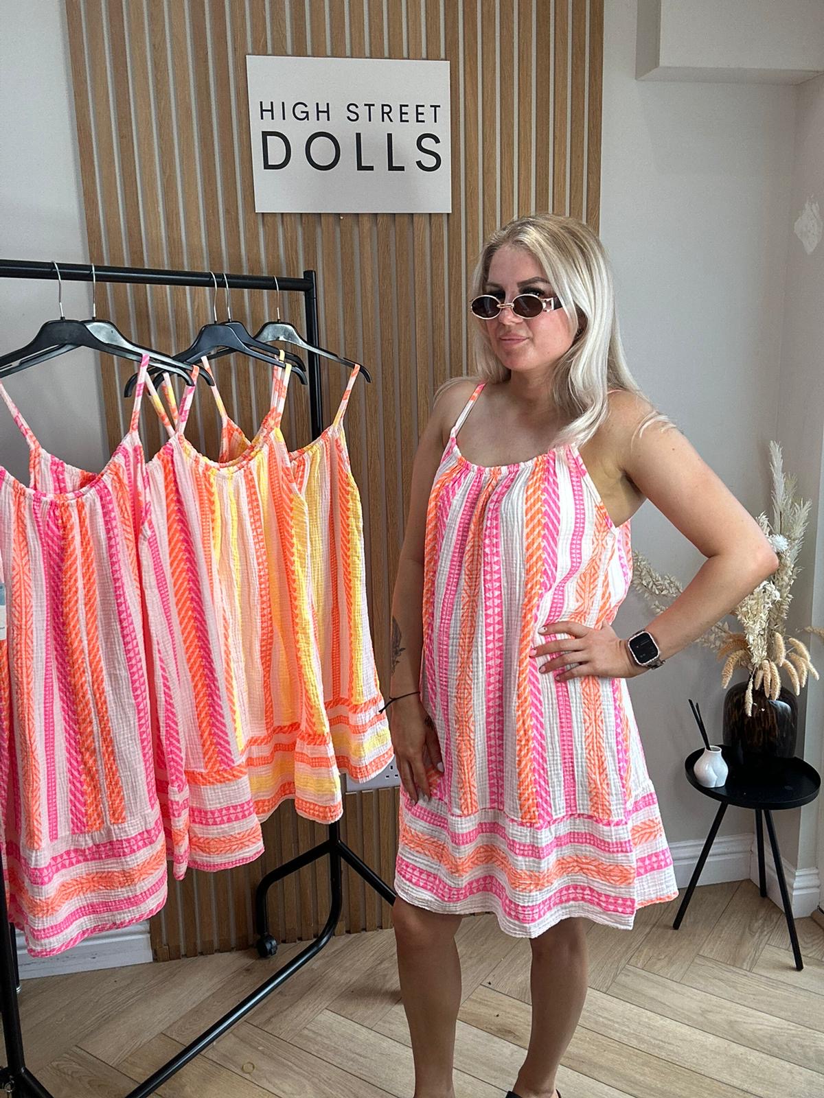 Ivy Cheesecloth Printed Dress Mini Length Stripe Print Holiday Summer