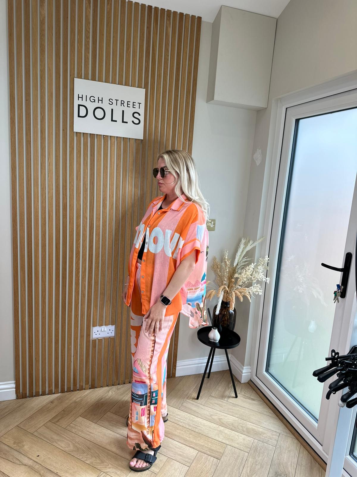 Odette Shirt and Trouser Set Summer Outfit Holiday Co Ord Slogan Top
