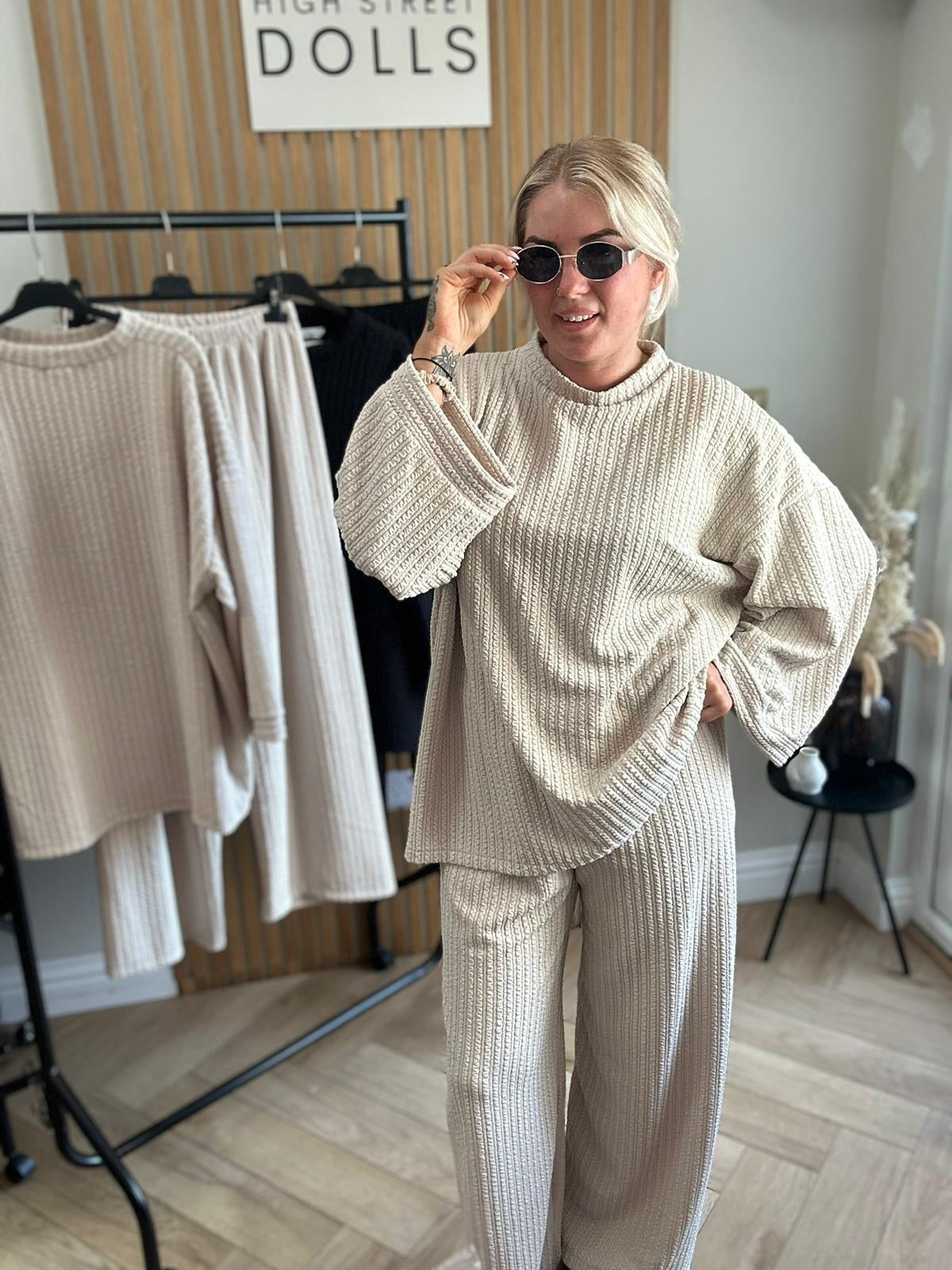 Harriett Oversized Lounge Set Round Neck Top and Wide Leg Trousers
