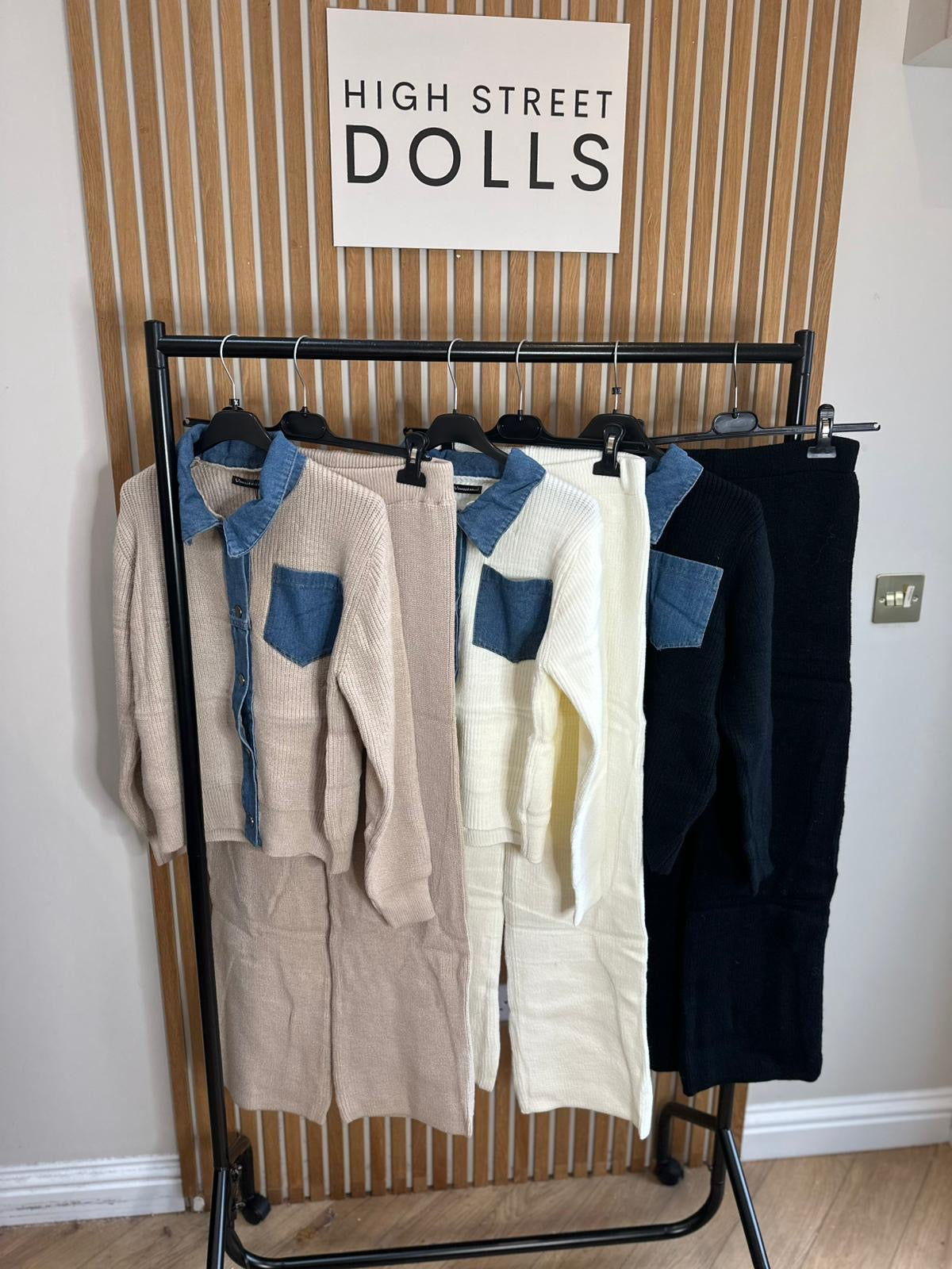 Demi Loungeset Two piece Outfit Knitted fabric with denim details Knitwear Co Ord Wide Leg trousers Shirt Style Autumn Winter