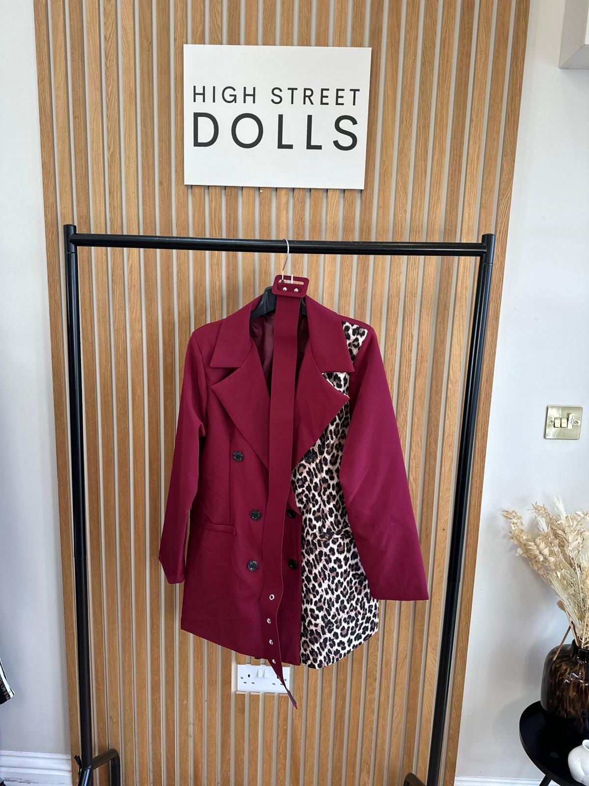 Elena Burgundy Leopard Print Blazer Double Breasted Daywear Evening Wear Autumn Winter