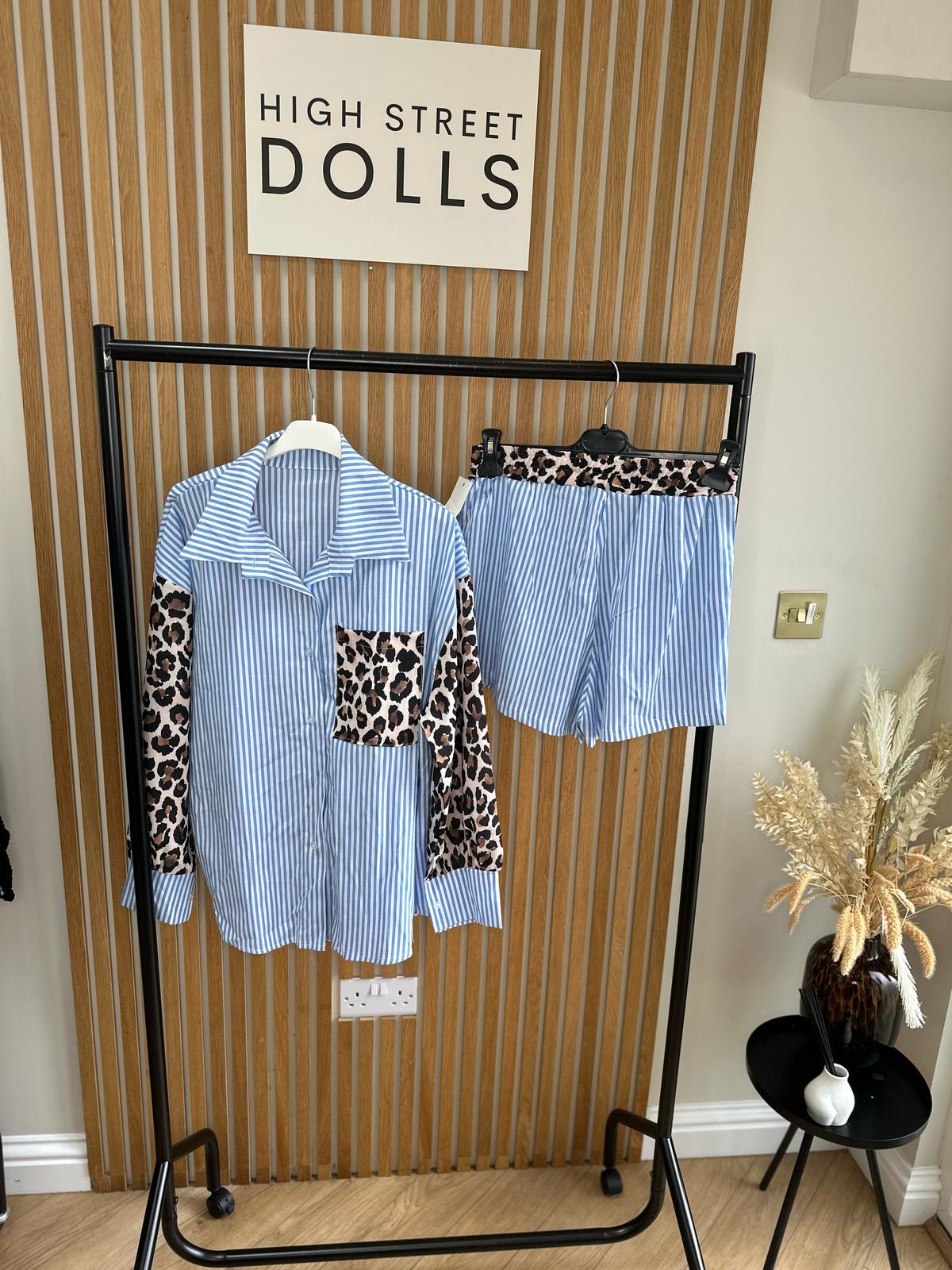 Cleo Pinstripe Two Piece, Shirt and Shorts, Leopard Print