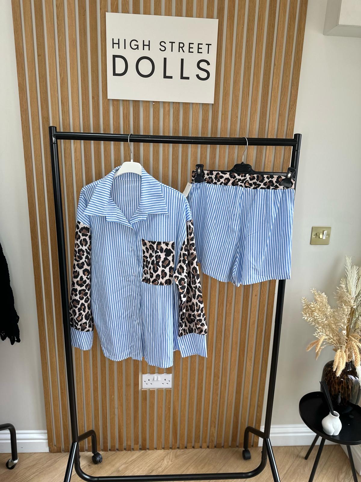 Cleo Pinstripe Two Piece, Shirt and Shorts, Leopard Print