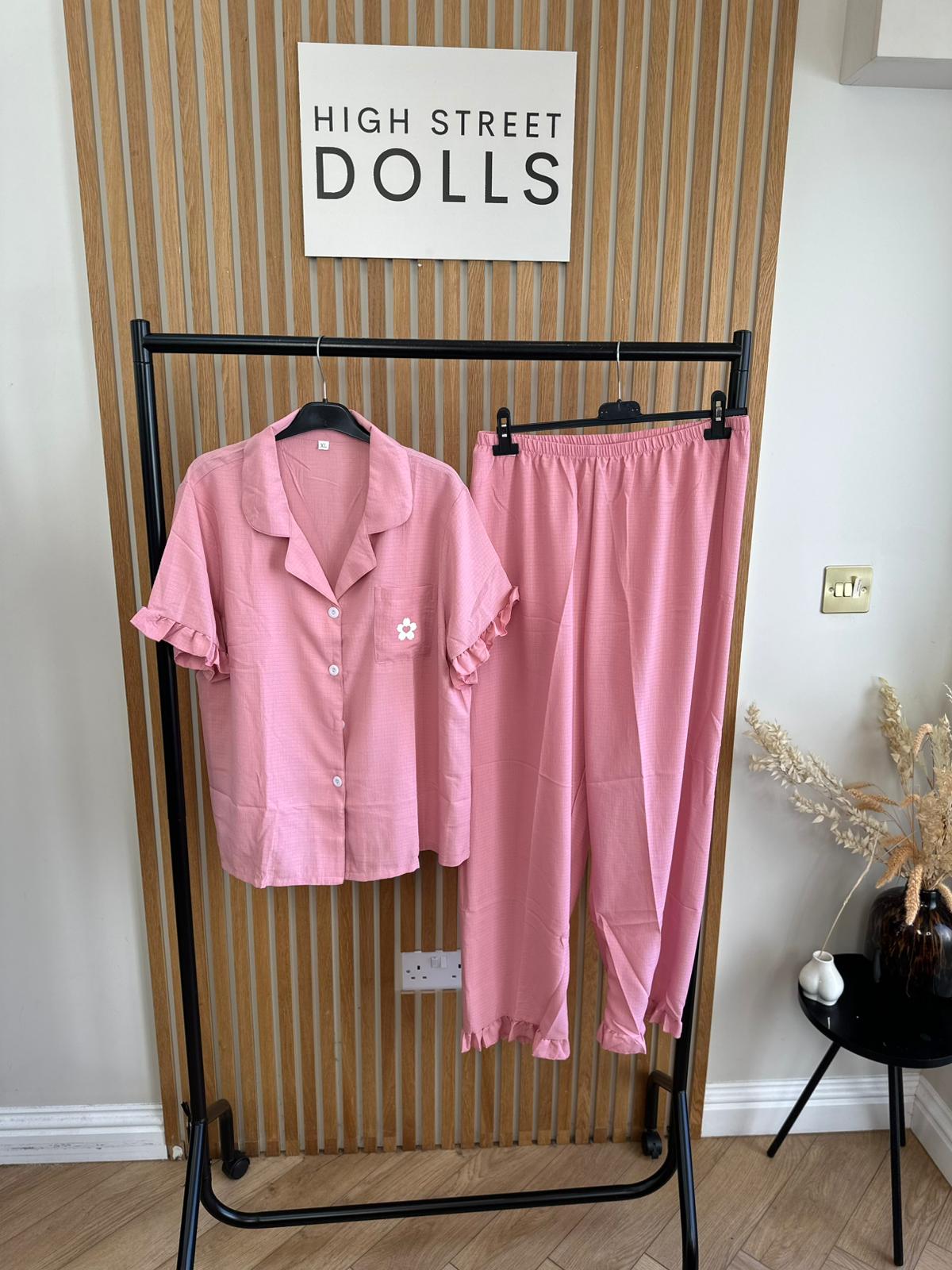 Women’s Pyjamas Set Short Sleeves Trousers Ruffle Details Floral Print Button Down PJs