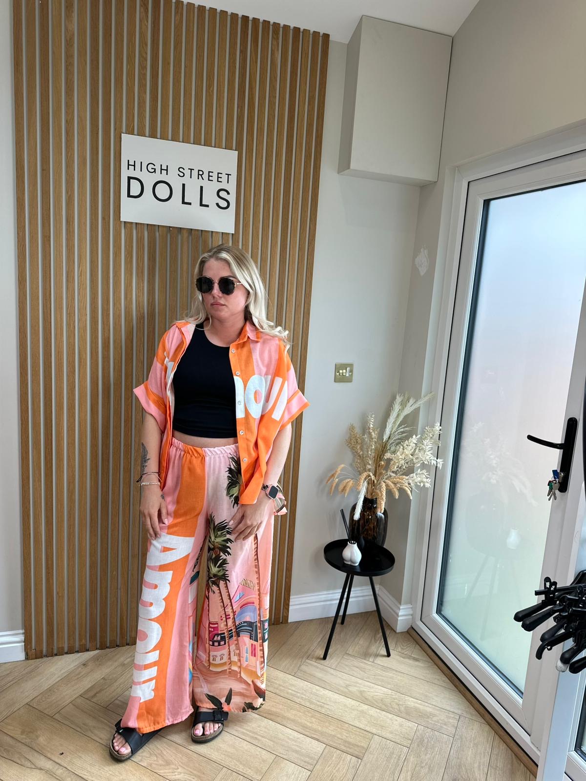 Odette Shirt and Trouser Set Summer Outfit Holiday Co Ord Slogan Top
