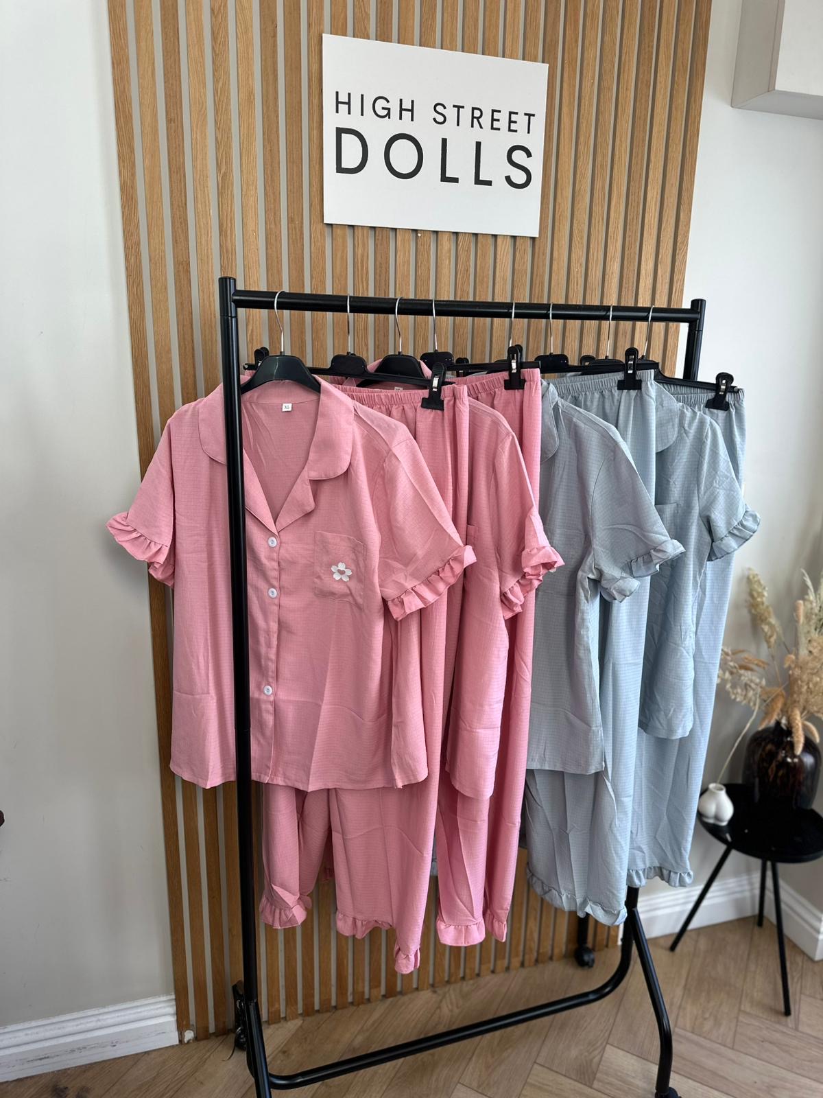 Women’s Pyjamas Set Short Sleeves Trousers Ruffle Details Floral Print Button Down PJs
