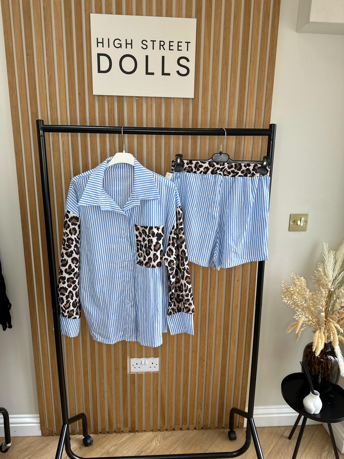 Cleo Pinstripe Two Piece, Shirt and Shorts, Leopard Print