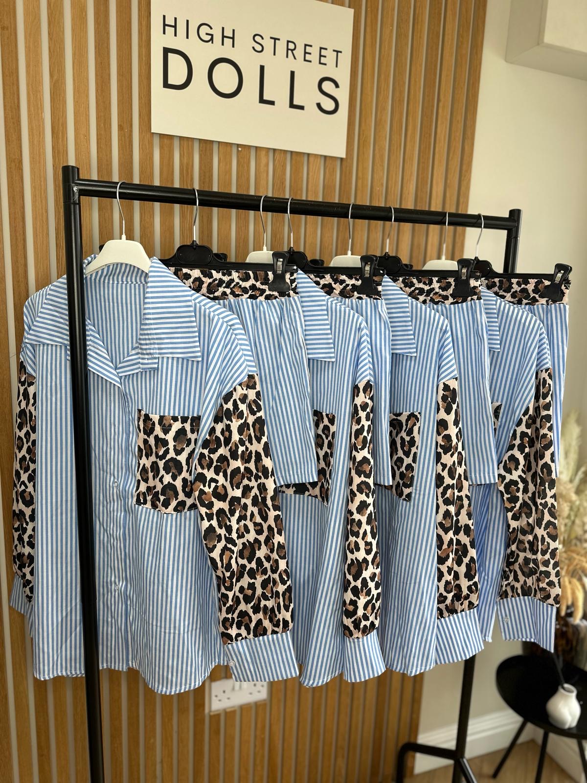 Cleo Pinstripe Two Piece, Shirt and Shorts, Leopard Print