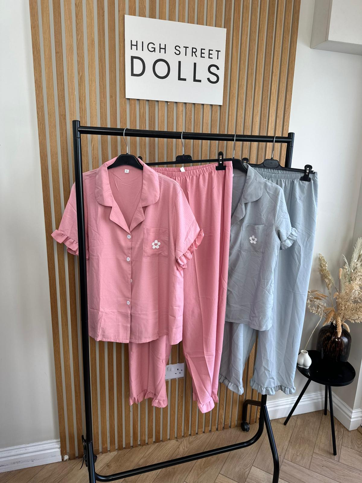 Women’s Pyjamas Set Short Sleeves Trousers Ruffle Details Floral Print Button Down PJs