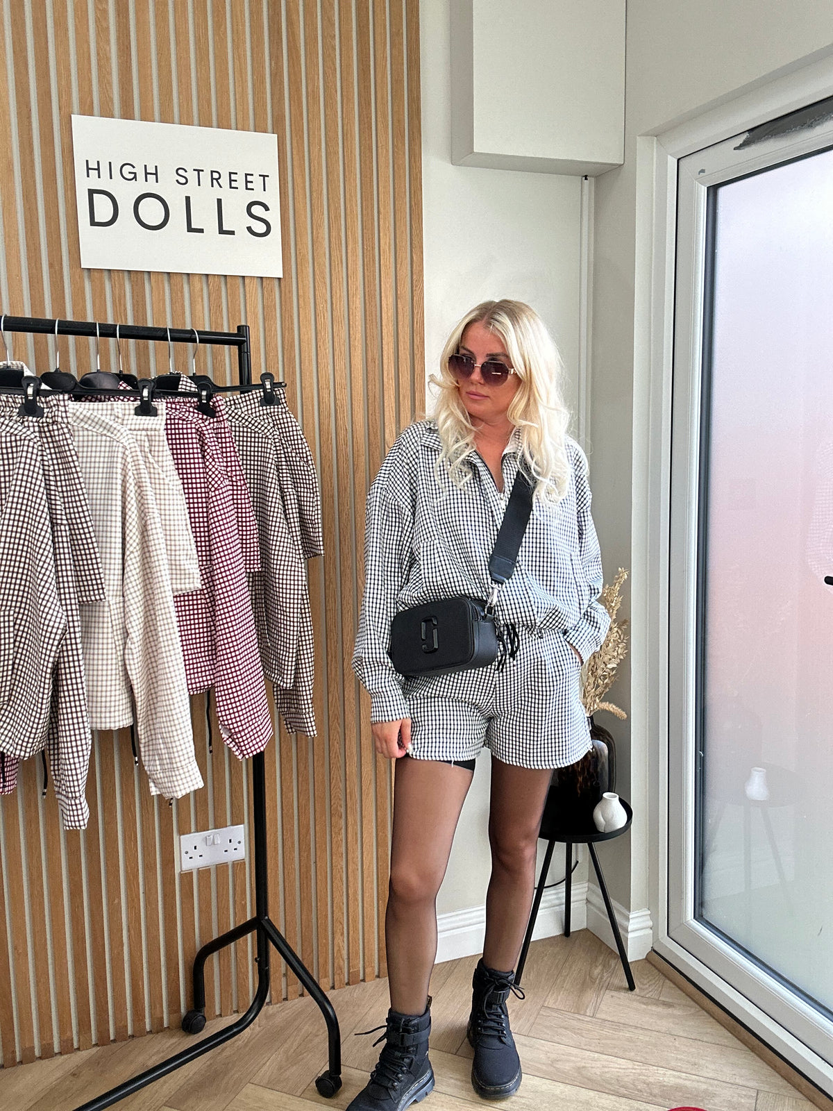 Dolly Gingham Lightweight Jacket and Shorts Set – Women’s Co Ord, Two Piece, Autumn/Winter Layer with Funnel Neckline