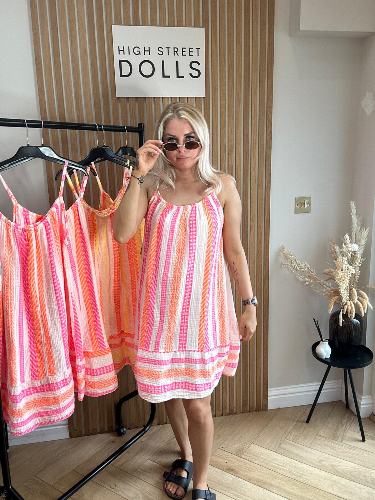 Ivy Cheesecloth Printed Dress Mini Length Stripe Print Holiday Summer