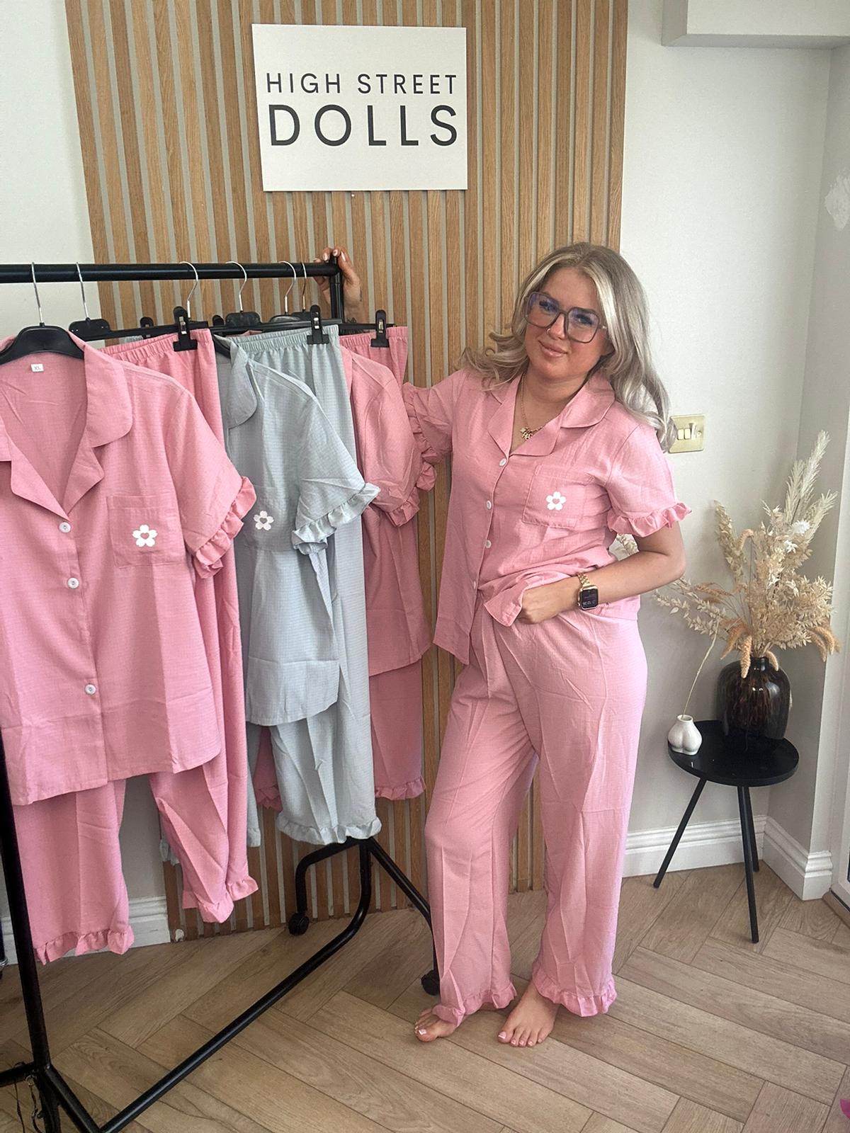 Women’s Pyjamas Set Short Sleeves Trousers Ruffle Details Floral Print Button Down PJs