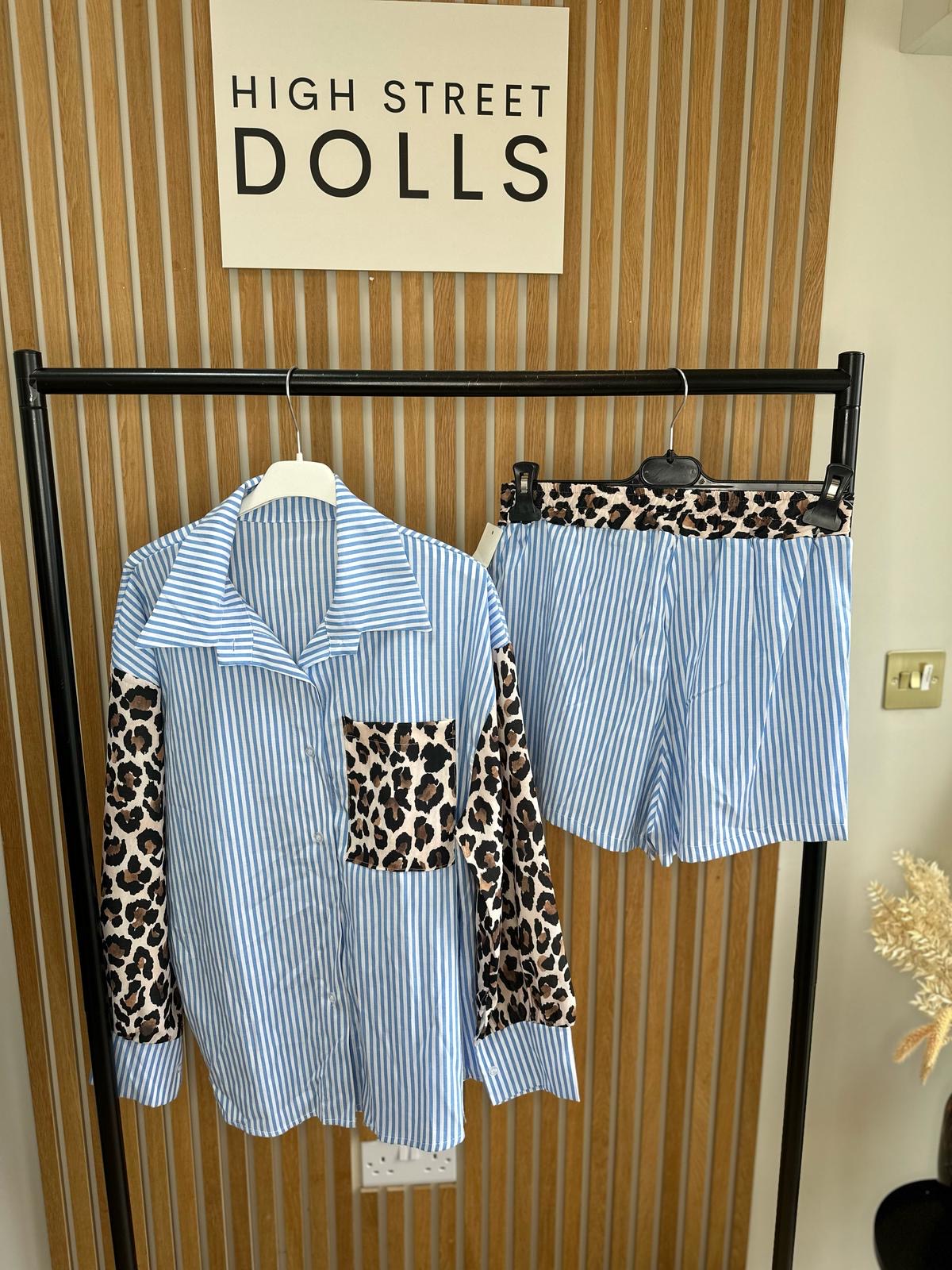 Cleo Pinstripe Two Piece, Shirt and Shorts, Leopard Print