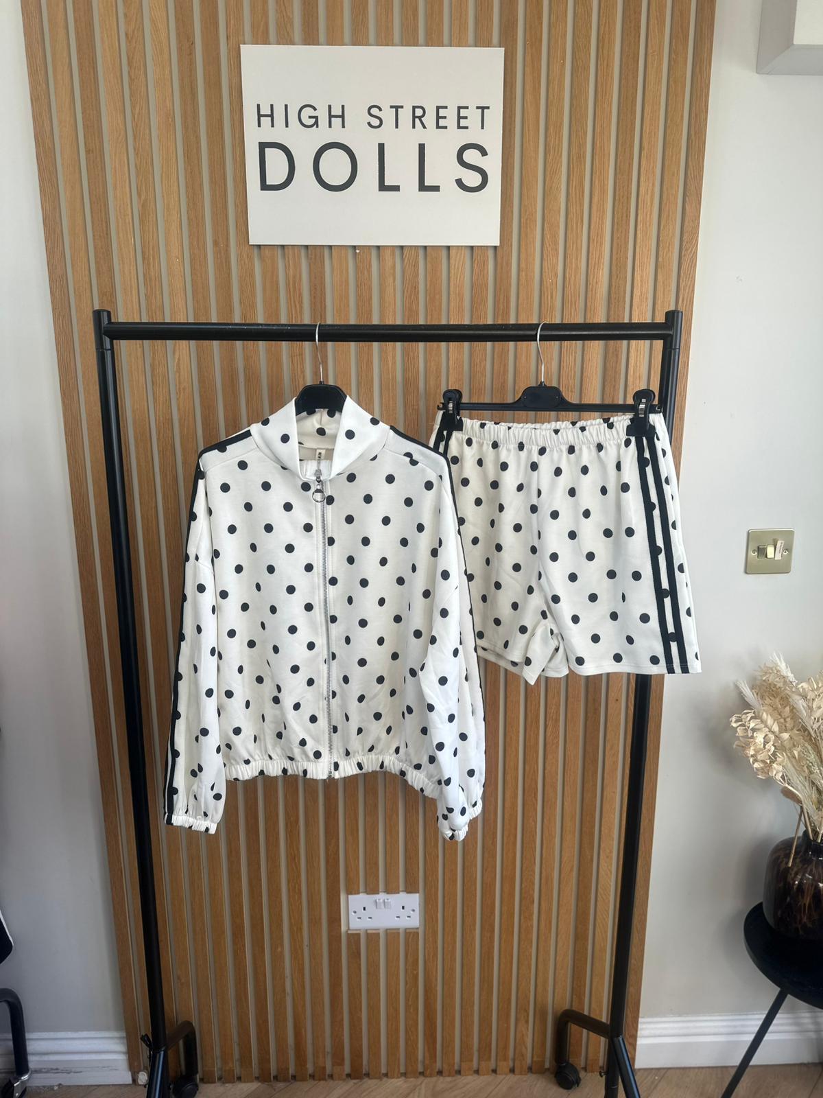Harlo Polka Dot Print Bomber Jacket and Shorts Holiday Spring Summer Women’s two piece co-ord Trending Viral Print Stripe Detail