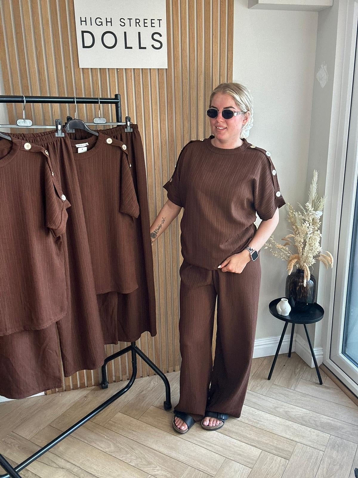 Sadie Crinkle Lounge Set Round Neck Top Shirt with Wide Leg Trousers