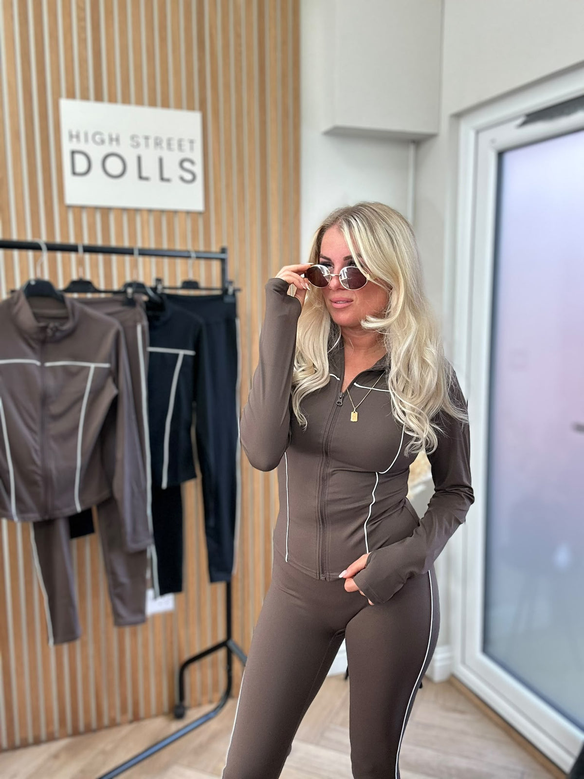 Alora Fitted Lycra Gym Set | Zip-Up Jacket & Leggings with White Piping Detail