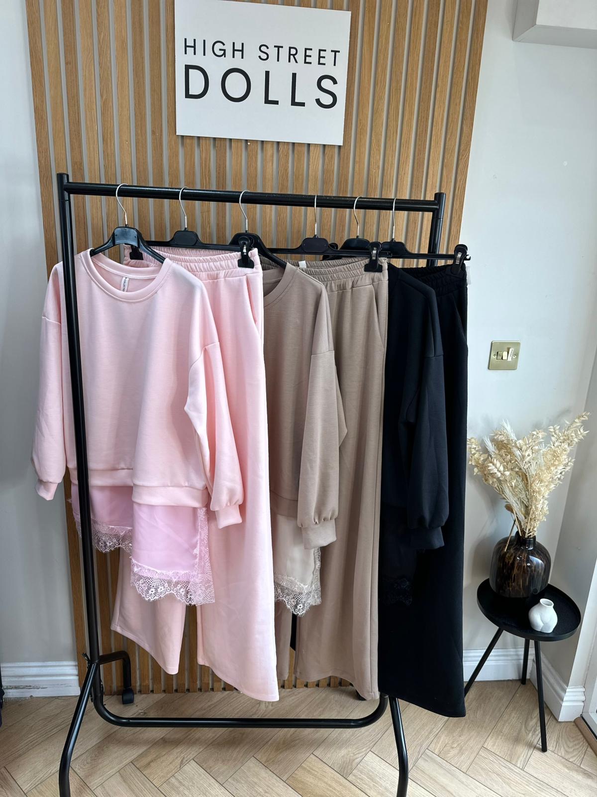 Sloane Lace Lounge Set Tracksuit T shirt with Wide leg Trousers Loungewear Two Piece Spring Summer
