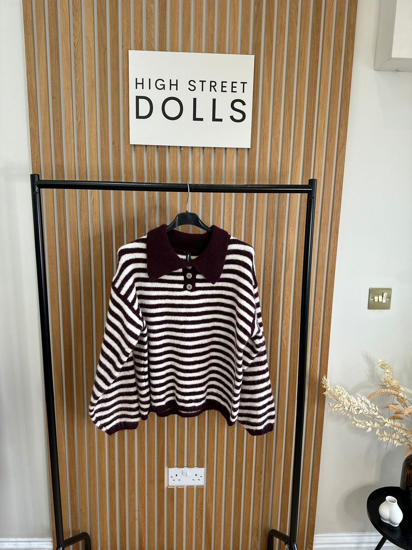 Sara Knitted Jumper Stripe Detail Slouchy Knitwear Button Up with Collar Autumn Winter