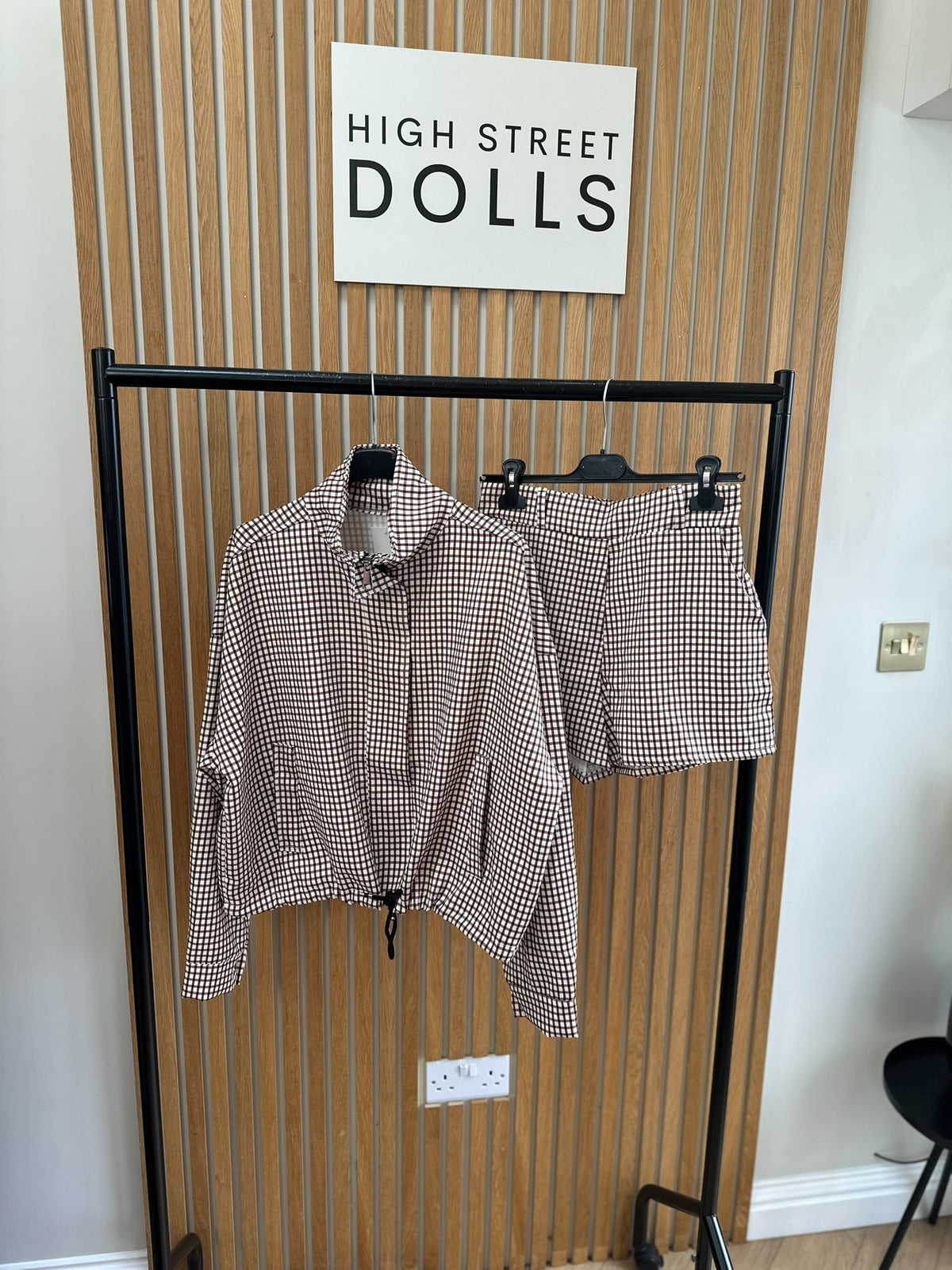 Dolly Gingham Lightweight Jacket and Shorts Set – Women’s Co Ord, Two Piece, Autumn/Winter Layer with Funnel Neckline