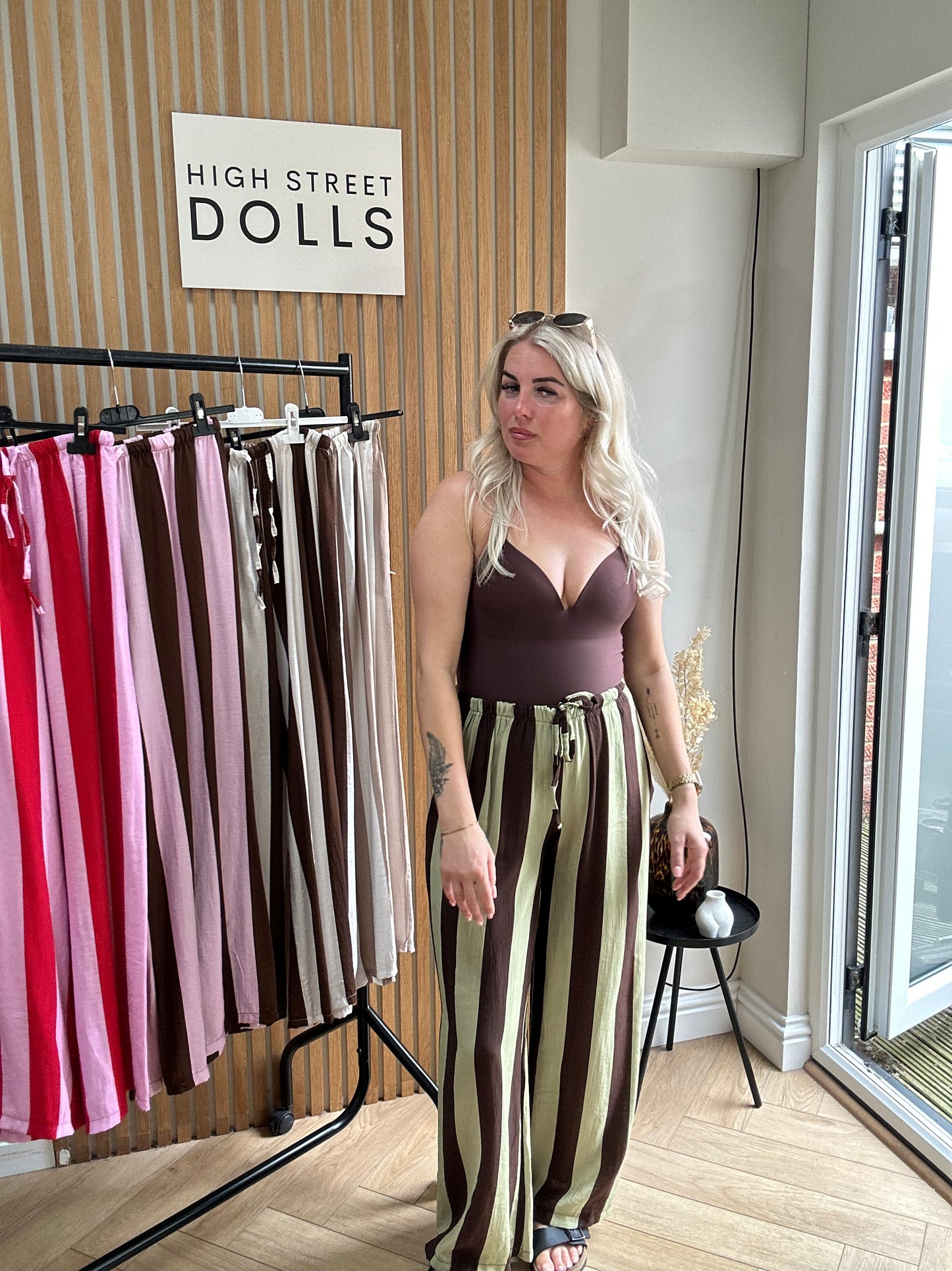 Lollie Wide Leg Trousers Light Weight Linen Style Summer Bright Stripes