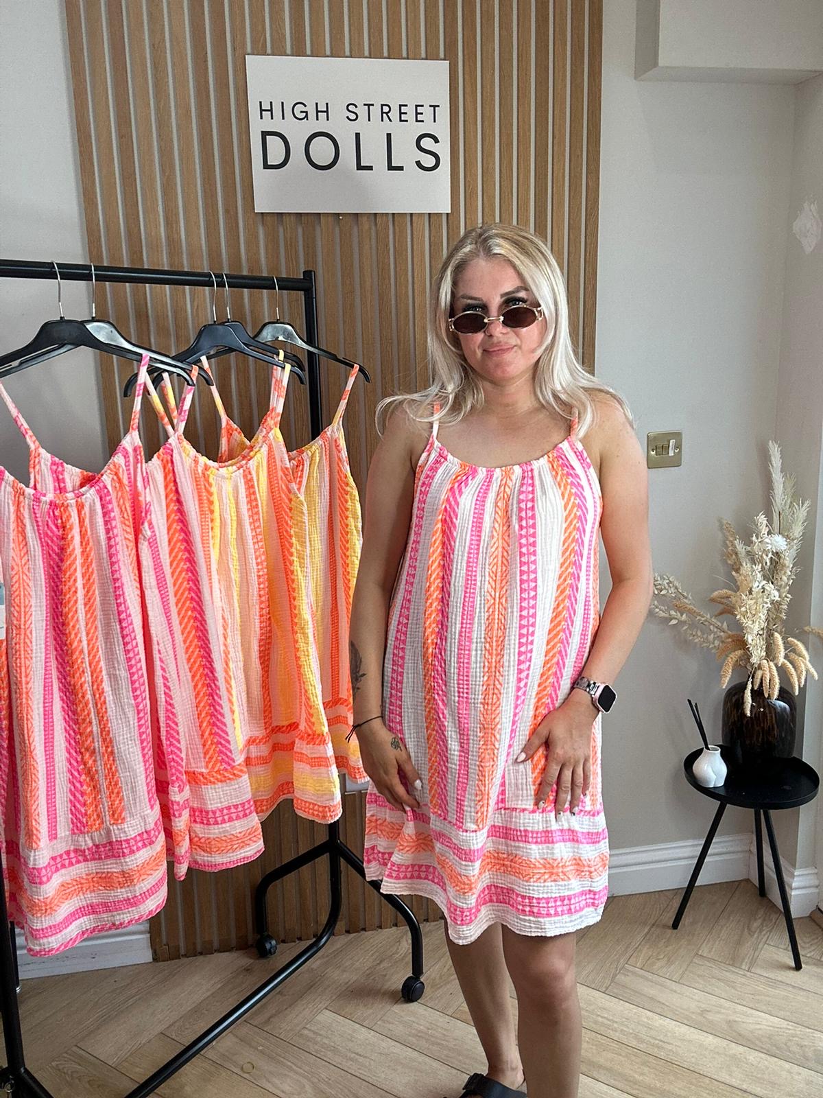 Ivy Cheesecloth Printed Dress Mini Length Stripe Print Holiday Summer