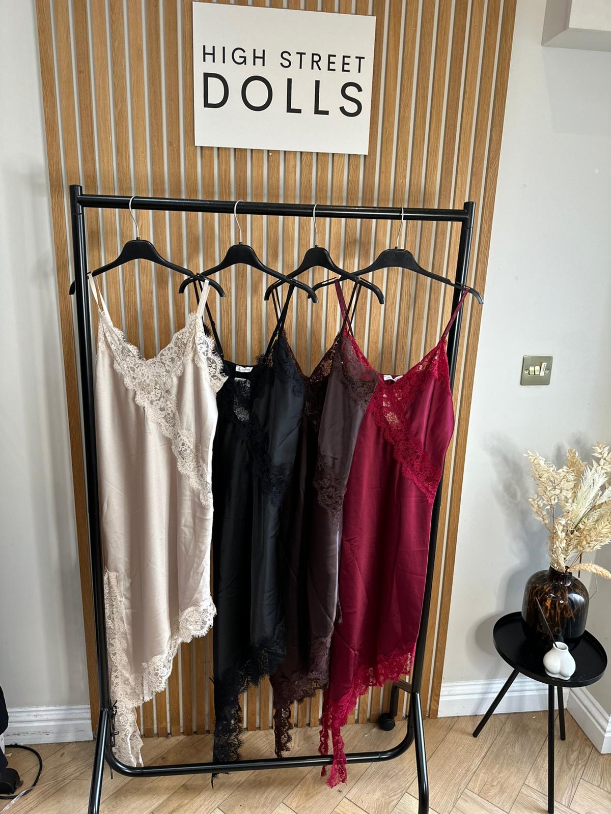 Florence Satin Slip Dress Lace Trim Spaghetti Strap Autumn Winter Christmas Party Festive