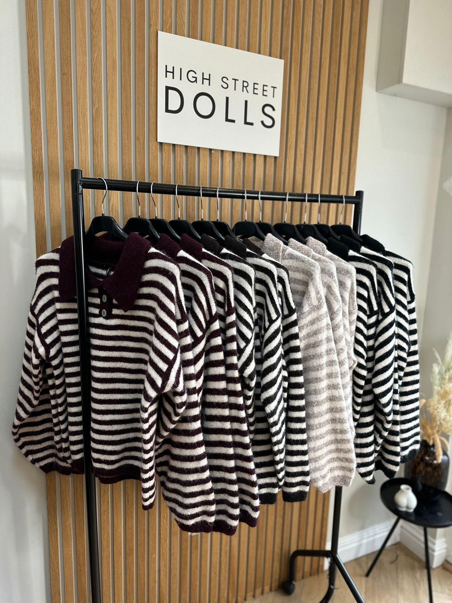 Sara Knitted Jumper Stripe Detail Slouchy Knitwear Button Up with Collar Autumn Winter