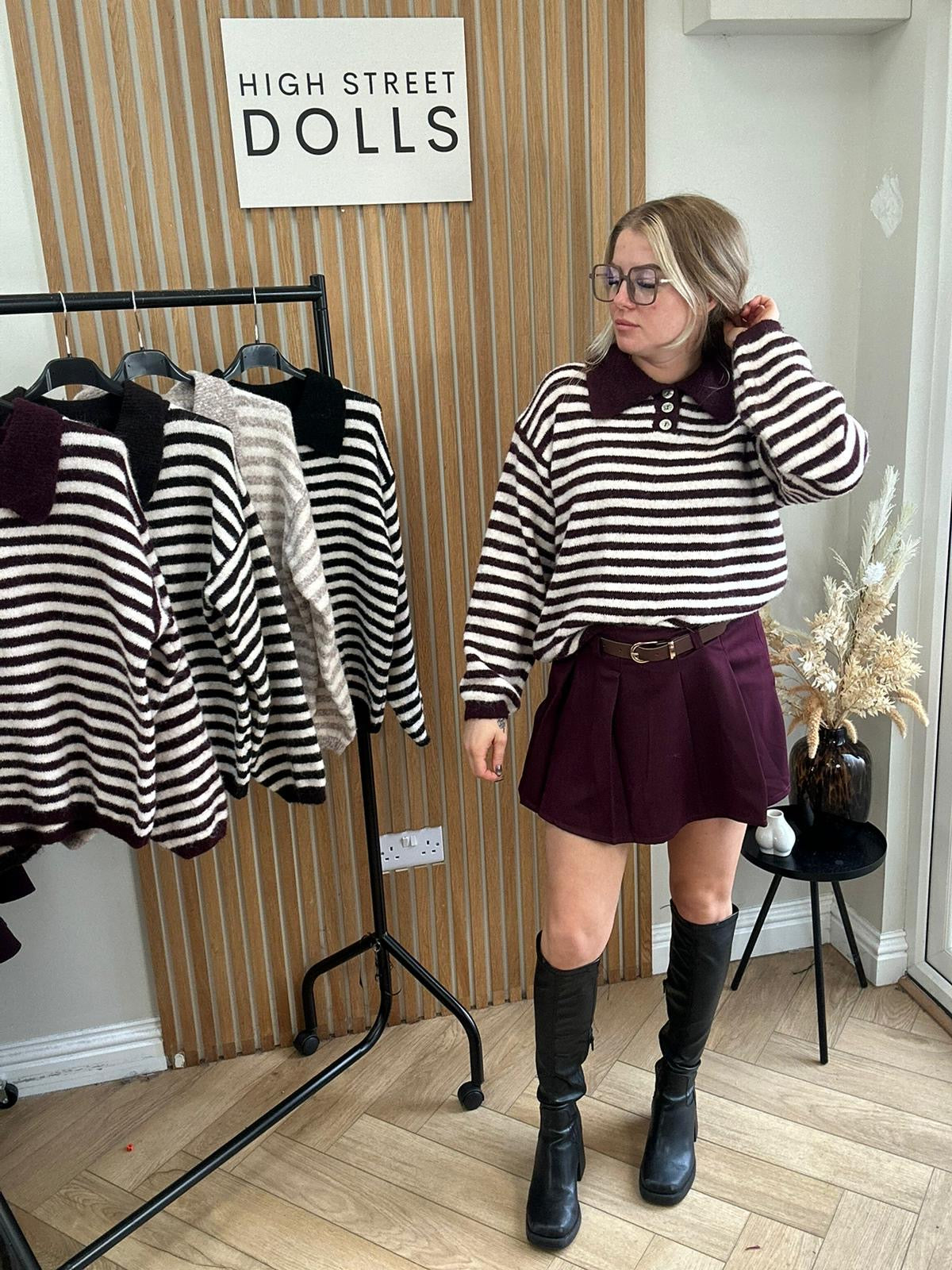 Sara Knitted Jumper Stripe Detail Slouchy Knitwear Button Up with Collar Autumn Winter