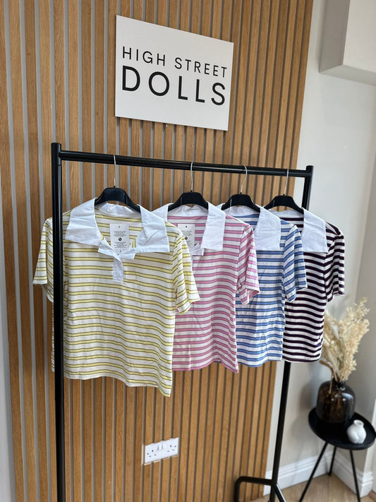 Billie Striped Rugby Top Fitted Short Sleeve T Shirt Collared Neckline Spring Summer Fashion