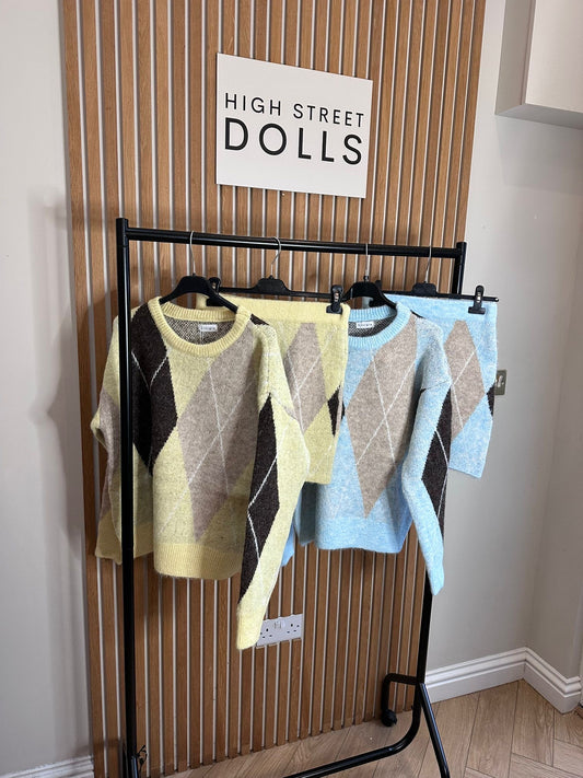 Tilda Jumper and Skirt Set Diamond Check Autumn Winter Outfit Co Ord Two Piece Christmas Festive Checkered Knitwear
