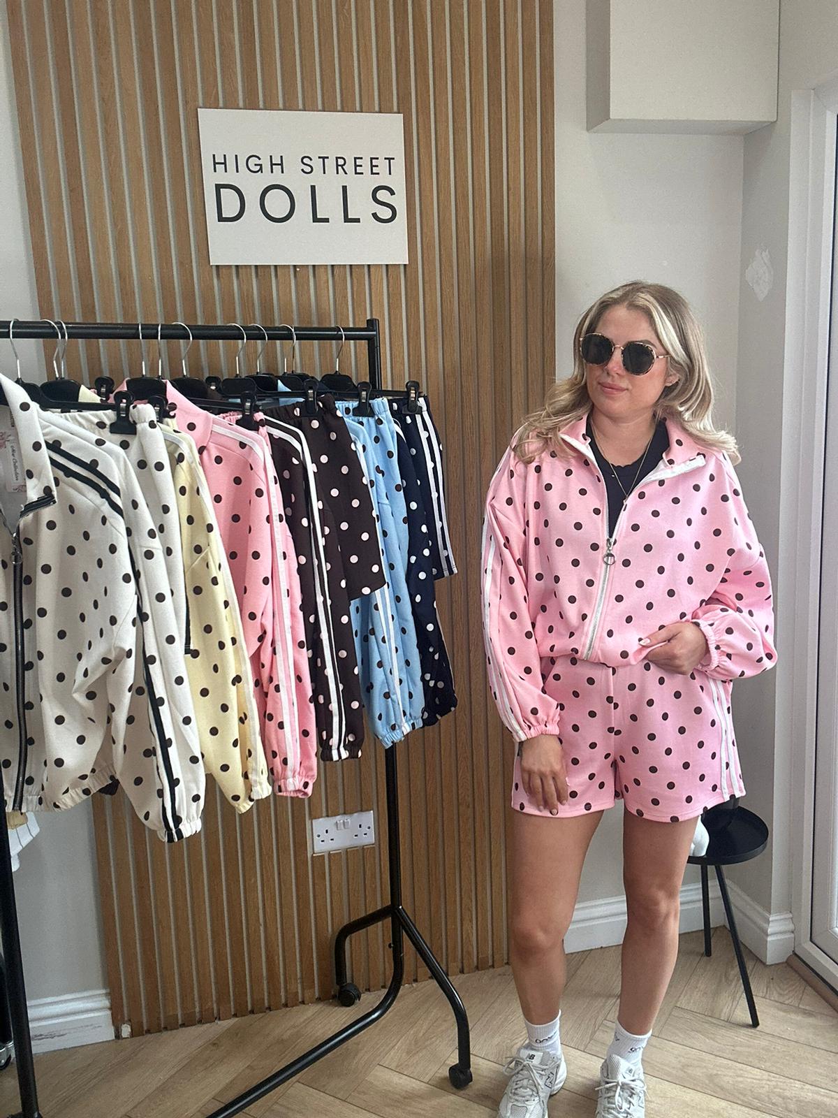 Harlo Polka Dot Print Bomber Jacket and Shorts Holiday Spring Summer Women’s two piece co-ord Trending Viral Print Stripe Detail