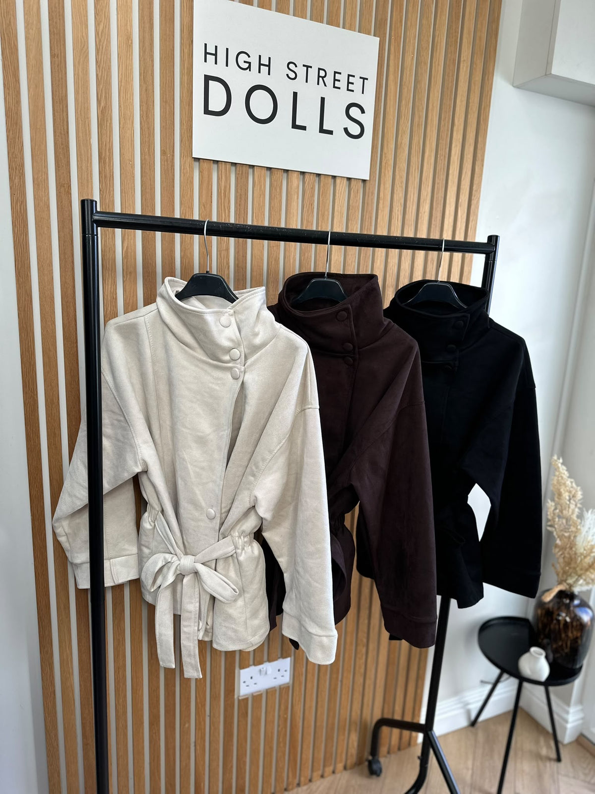 Kiera Suedette Belted Funnel Neck Button-Down Jacket – Autumn/Winter