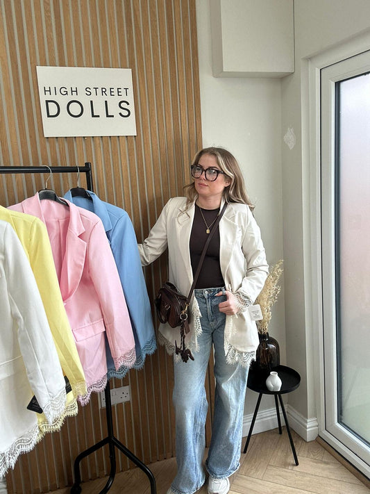 Lucinda Blazer Lace Detail Single Breasted Daywear Evening Wear Winter Spring Summer Pastels