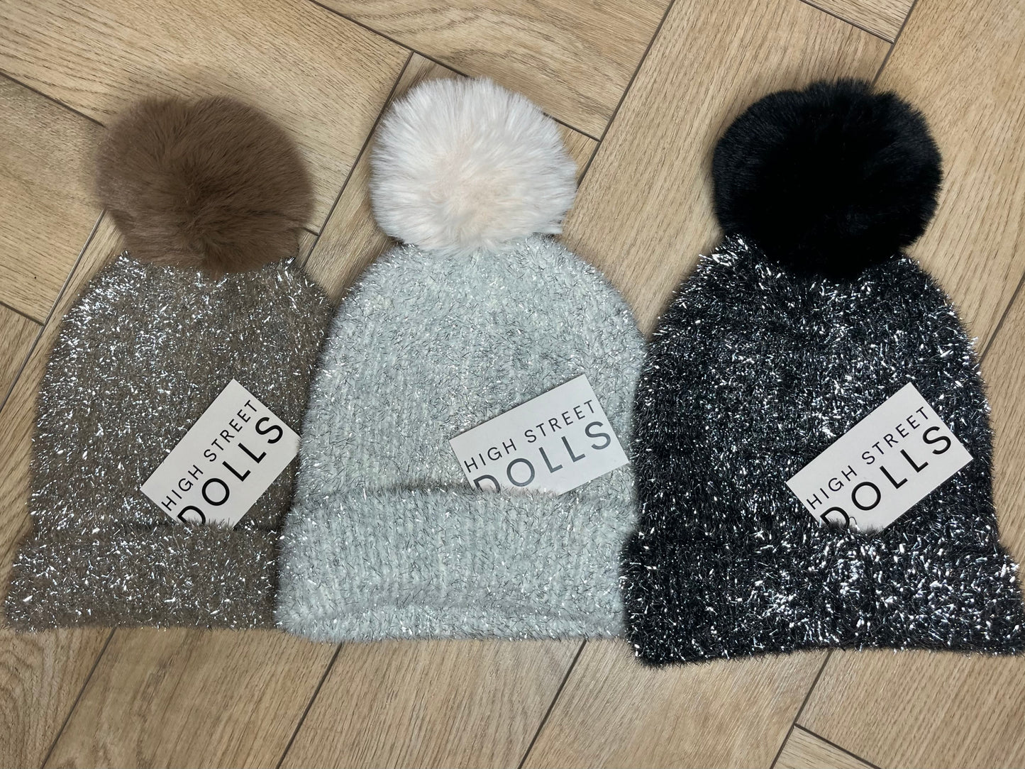 Tinsel Beanie Hat Faux Fur Pom Pom