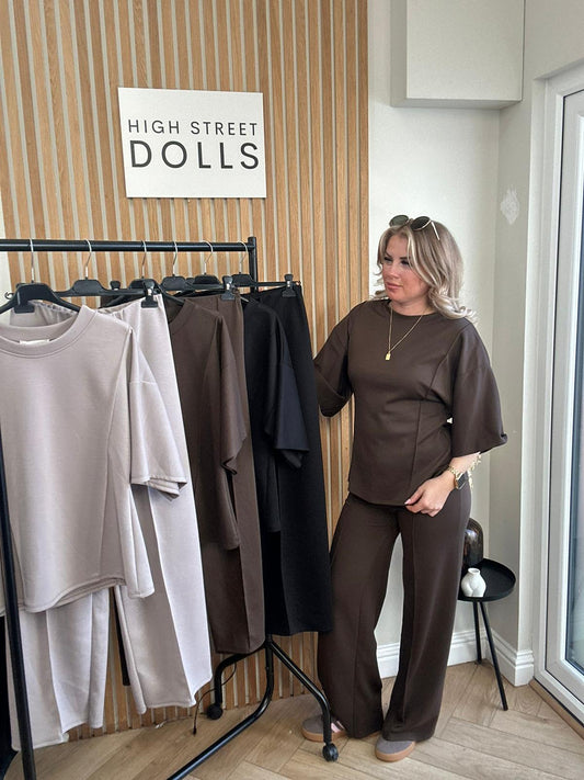 Lilian Piped Seam Lounge Set T shirt with Wide leg Trousers Tracksuit Loungewear Two Piece Winter Spring Summer