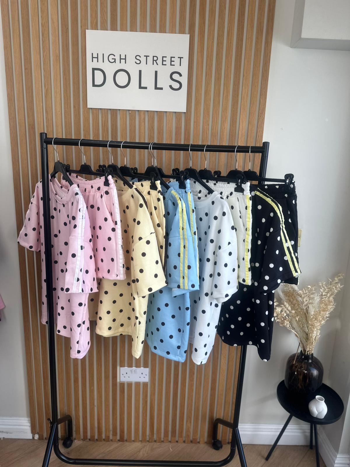 Bibi Polka Dot Print Oversized T Shirt and Shorts Holiday Spring Summer Women’s two piece co-ord Trending Viral Print Stripe Detail