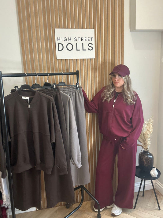 Evelyn Tracksuit Bomber Jacket Style Two Piece Wide Leg Trousers Jersey Material Autumn Winter Cosy Season