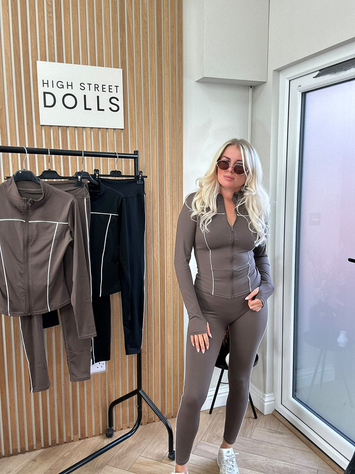 Alora Fitted Lycra Gym Set | Zip-Up Jacket & Leggings with White Piping Detail