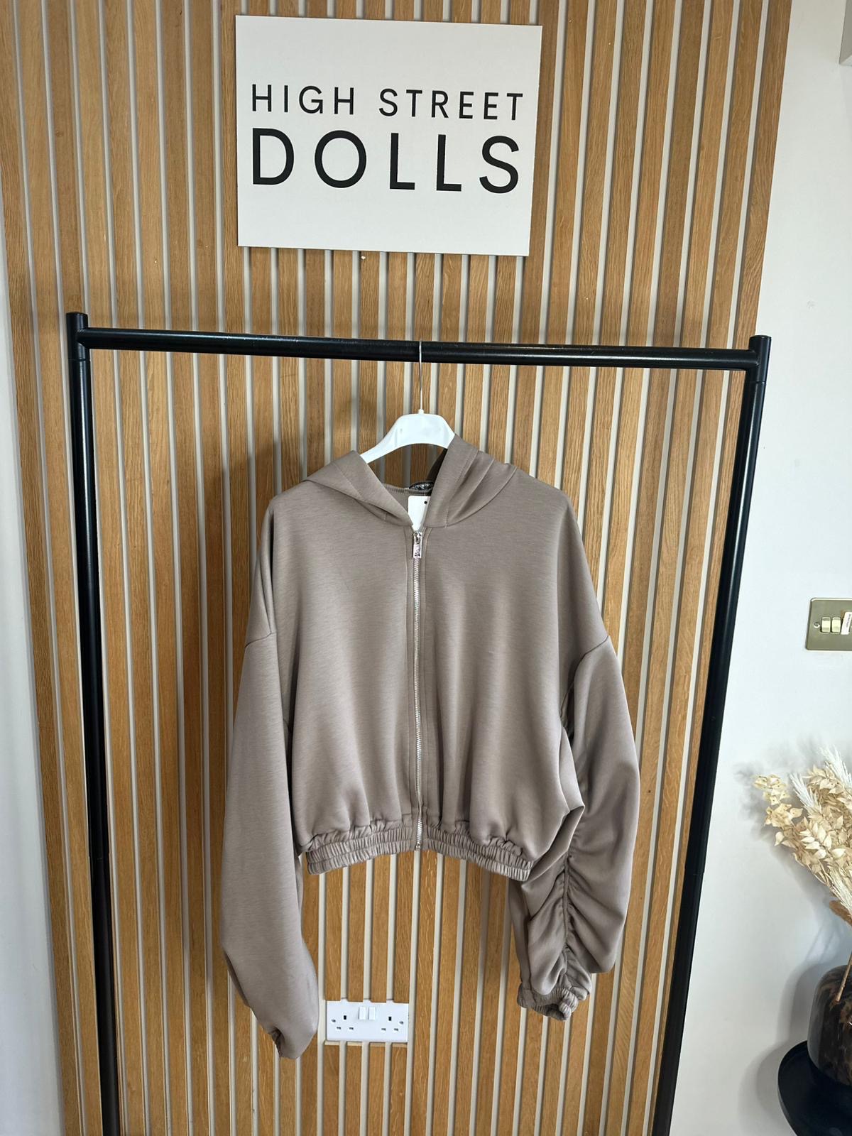 Reene Cropped Ruched Sleeve Hoodie Zip Up Jacket Jersey Spring Summer Winter