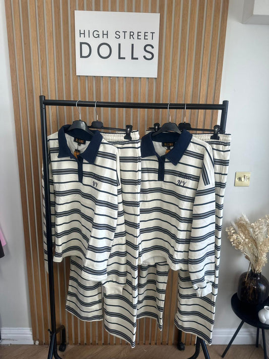 Elodie Stripe Lounge Set Cream and Navy Co Ord Rugby Top and Trousers Long Sleeve Loungewear Two Piece Spring Summer Denim Details