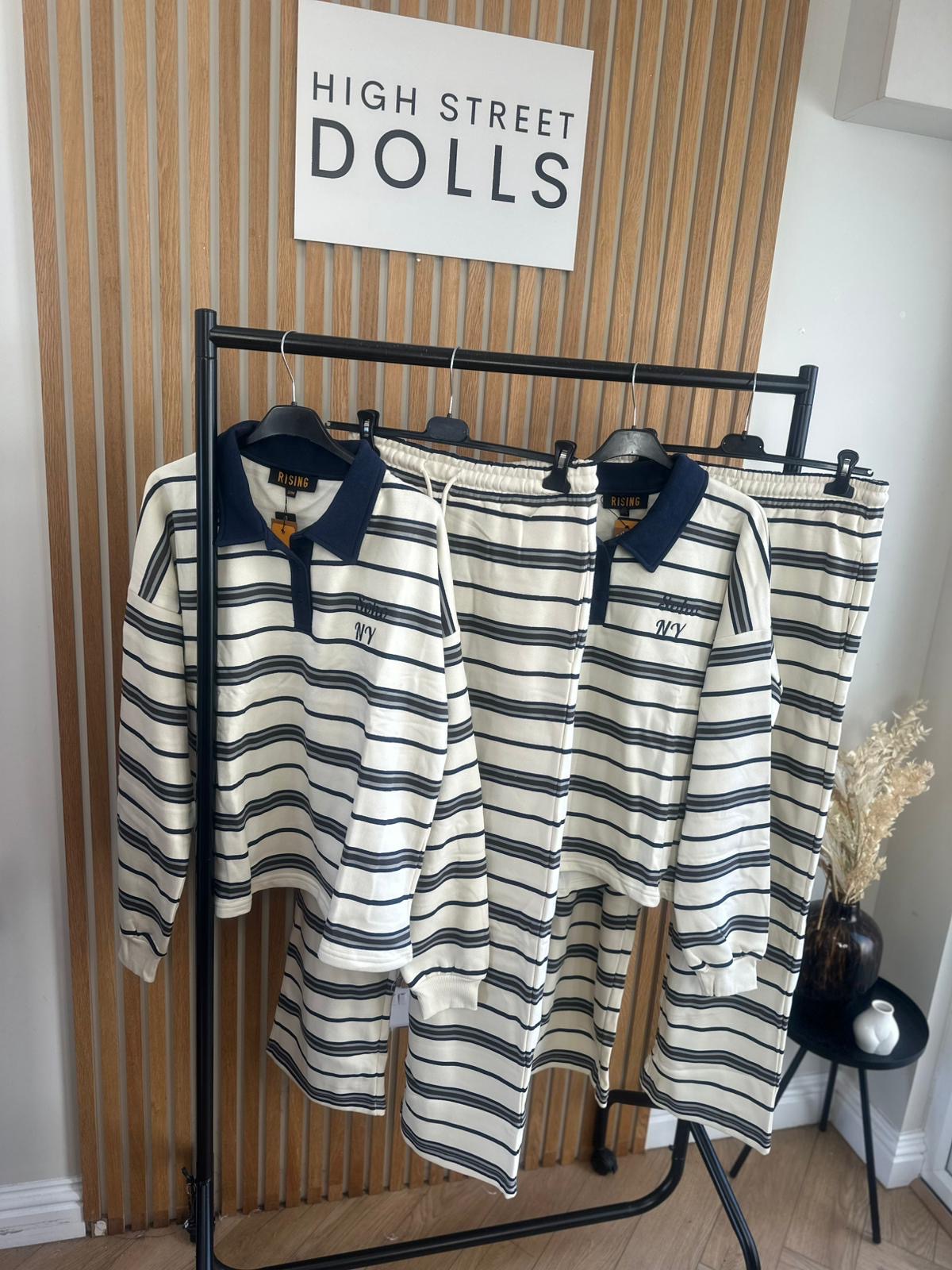 Elodie Stripe Lounge Set Cream and Navy Co Ord Rugby Top and Trousers Long Sleeve Loungewear Two Piece Spring Summer Denim Details