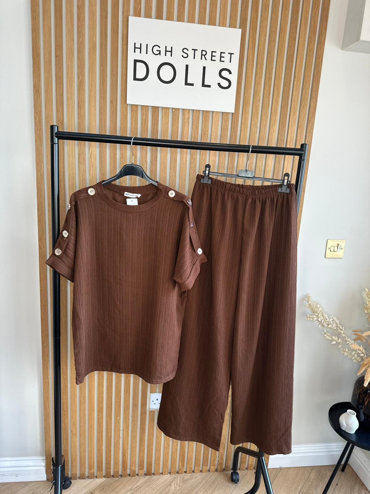 Sadie Crinkle Lounge Set Round Neck Top Shirt with Wide Leg Trousers