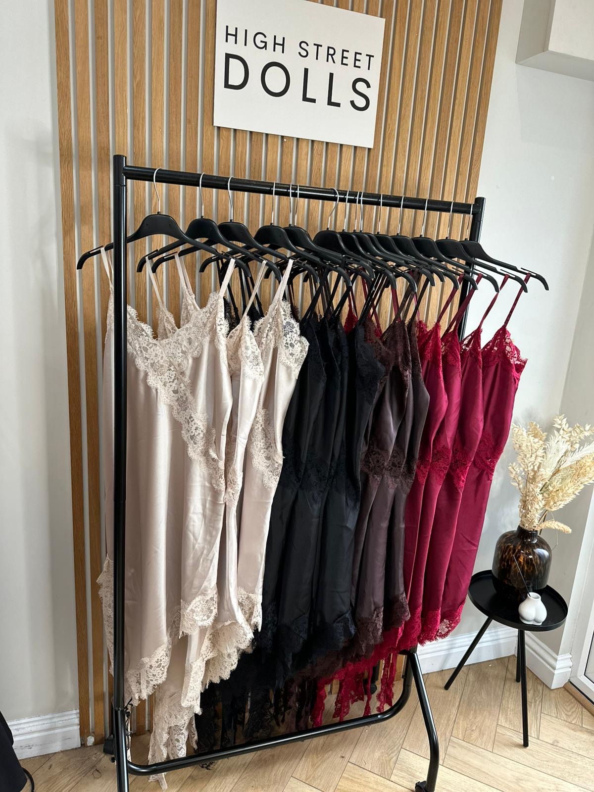 Florence Satin Slip Dress Lace Trim Spaghetti Strap Autumn Winter Christmas Party Festive