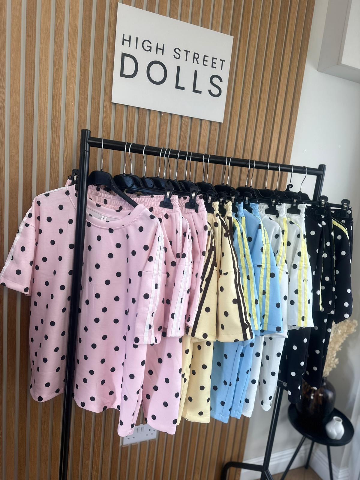 Bibi Polka Dot Print Oversized T Shirt and Shorts Holiday Spring Summer Women’s two piece co-ord Trending Viral Print Stripe Detail