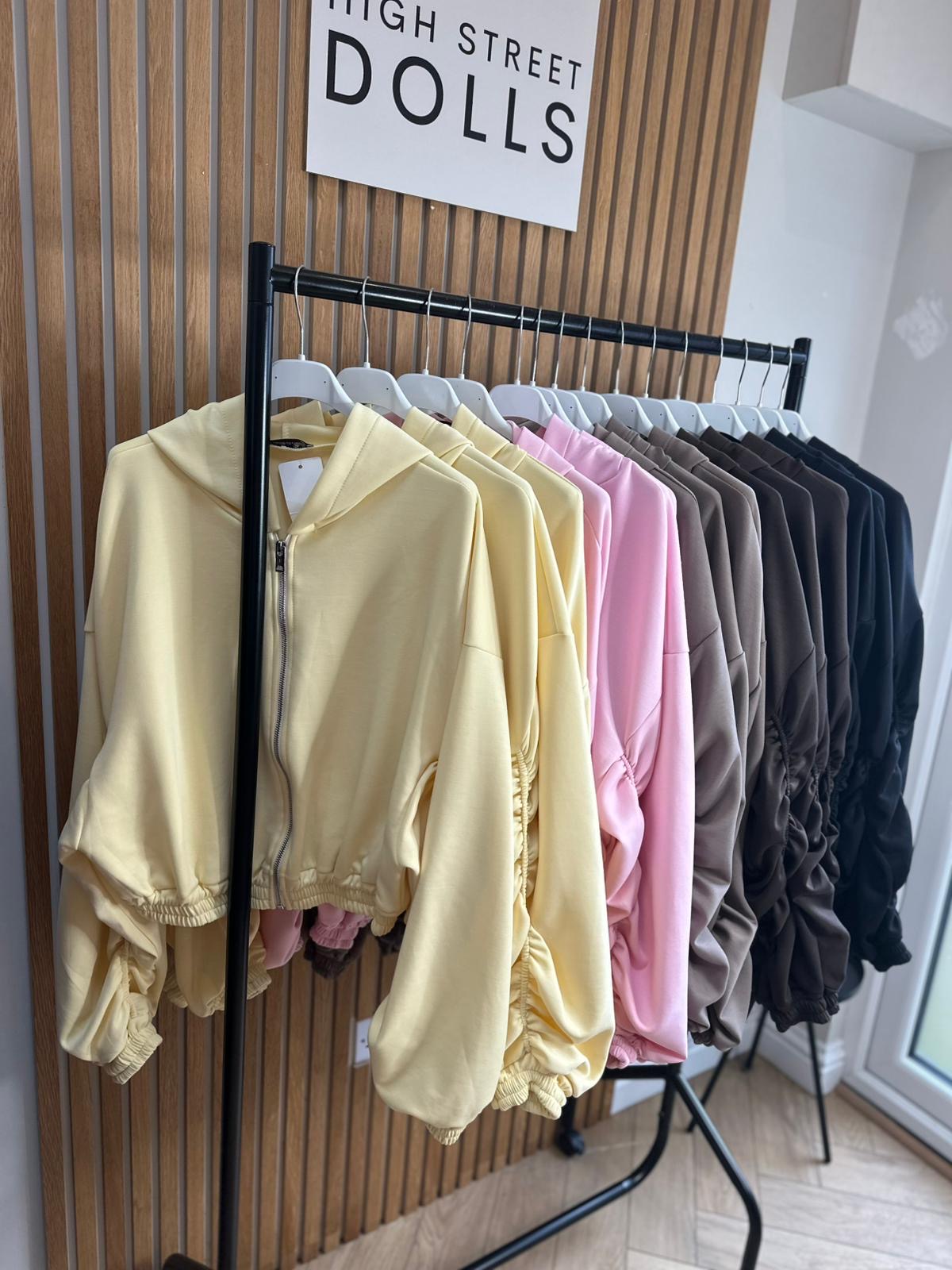 Reene Cropped Ruched Sleeve Hoodie Zip Up Jacket Jersey Spring Summer Winter