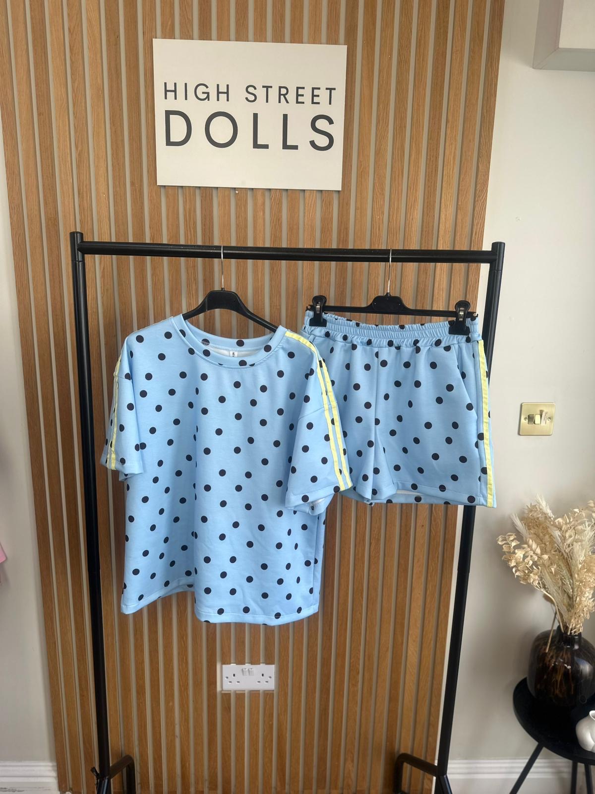 Bibi Polka Dot Print Oversized T Shirt and Shorts Holiday Spring Summer Women’s two piece co-ord Trending Viral Print Stripe Detail