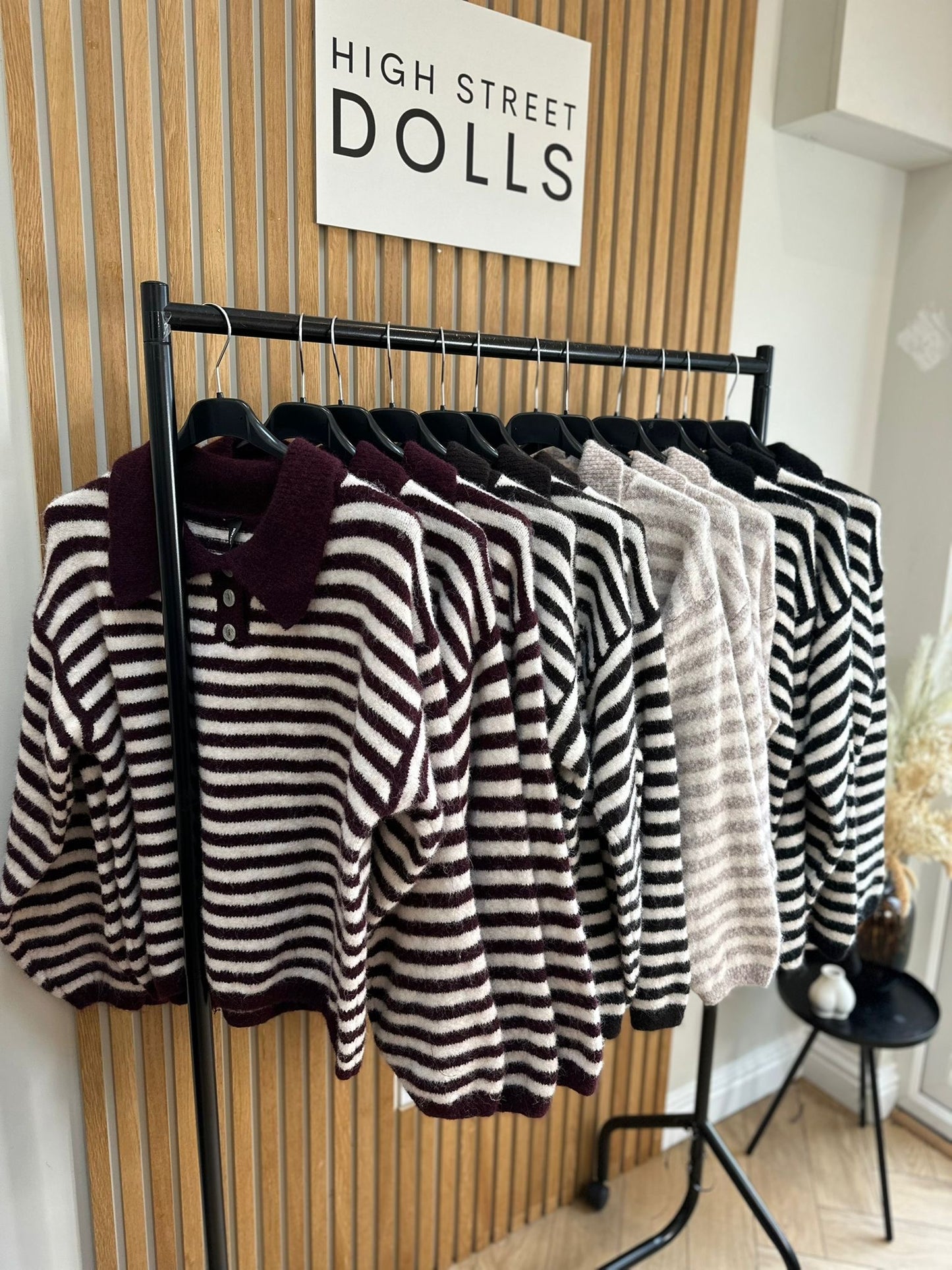 Sara Knitted Jumper Stripe Detail Slouchy Knitwear Button Up with Collar Autumn Winter