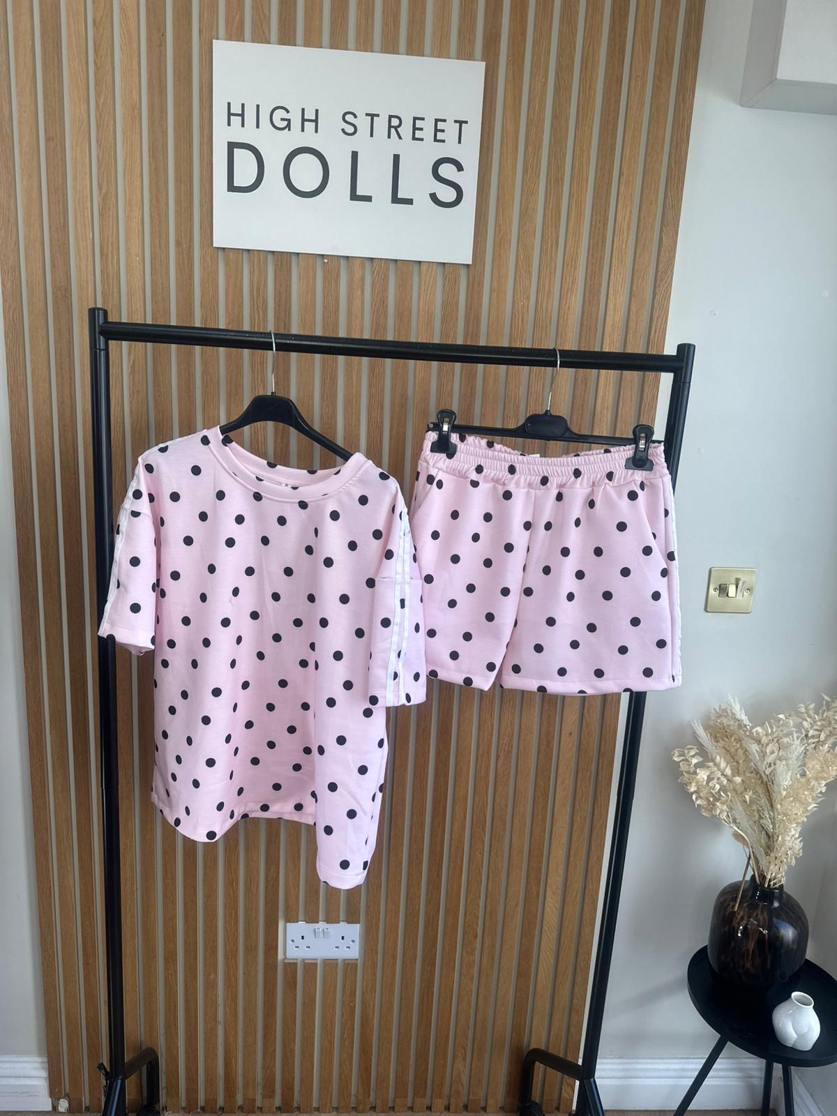 Bibi Polka Dot Print Oversized T Shirt and Shorts Holiday Spring Summer Women’s two piece co-ord Trending Viral Print Stripe Detail
