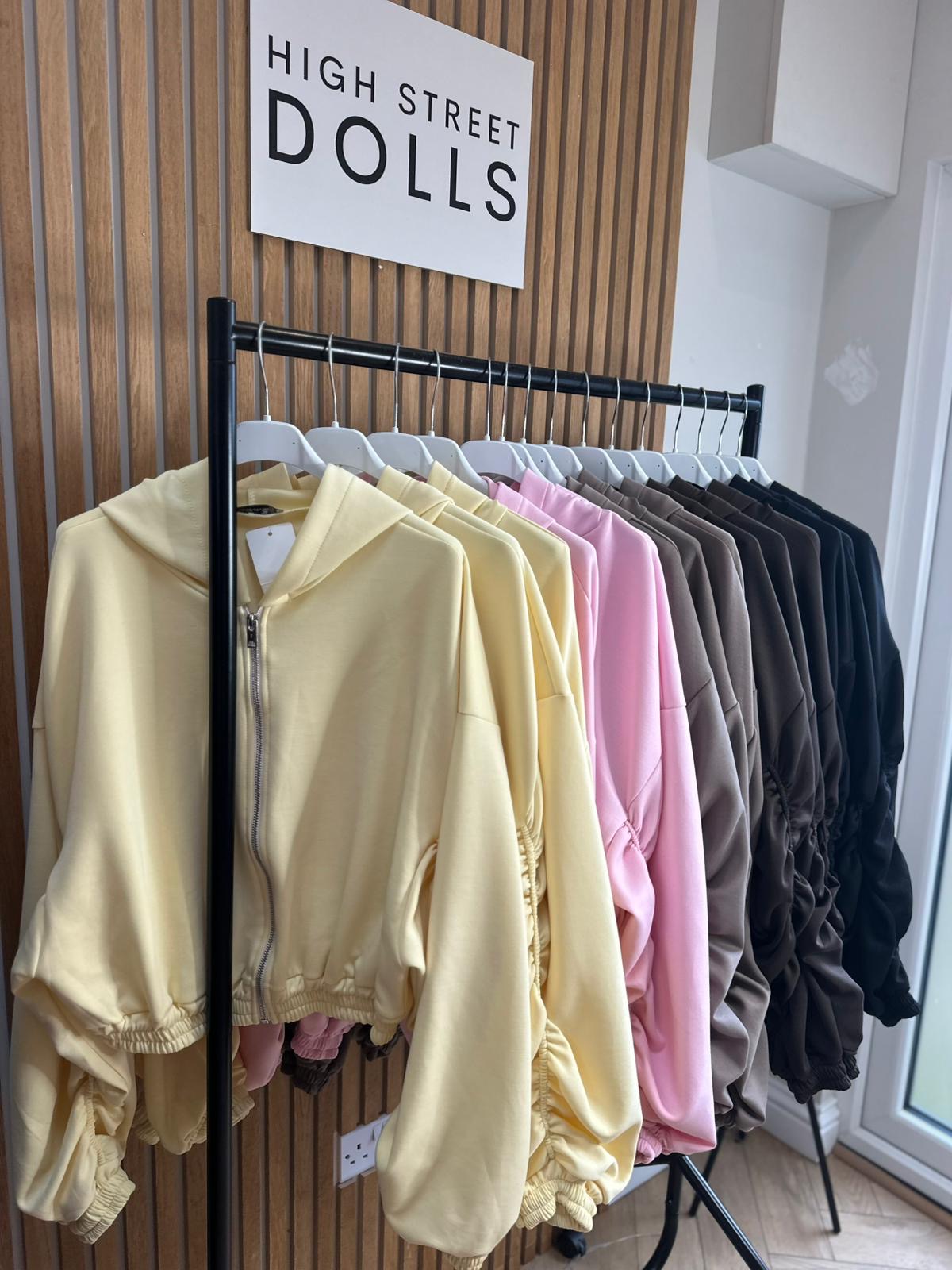 Reene Cropped Ruched Sleeve Hoodie Zip Up Jacket Jersey Spring Summer Winter