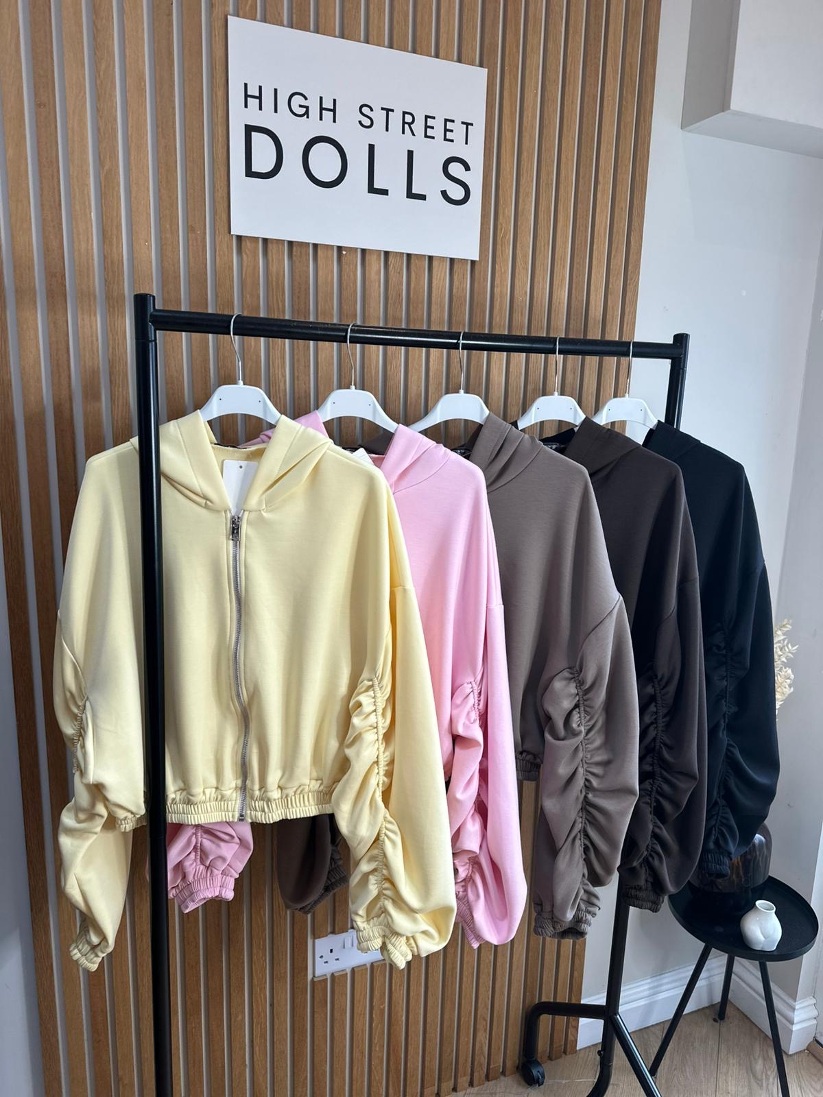 Reene Cropped Ruched Sleeve Hoodie Zip Up Jacket Jersey Spring Summer Winter